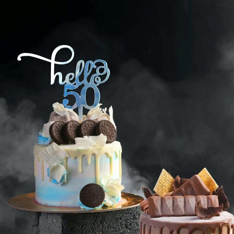 Acrylic Silver Mirror 'Hello 50' Birthday Cake Topper