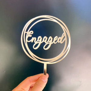 Silver Mirror Acrylic 'Engaged' Geometric Round Cake Topper