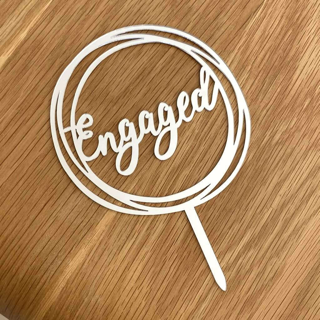 Silver Mirror Acrylic 'Engaged' Geometric Round Cake Topper