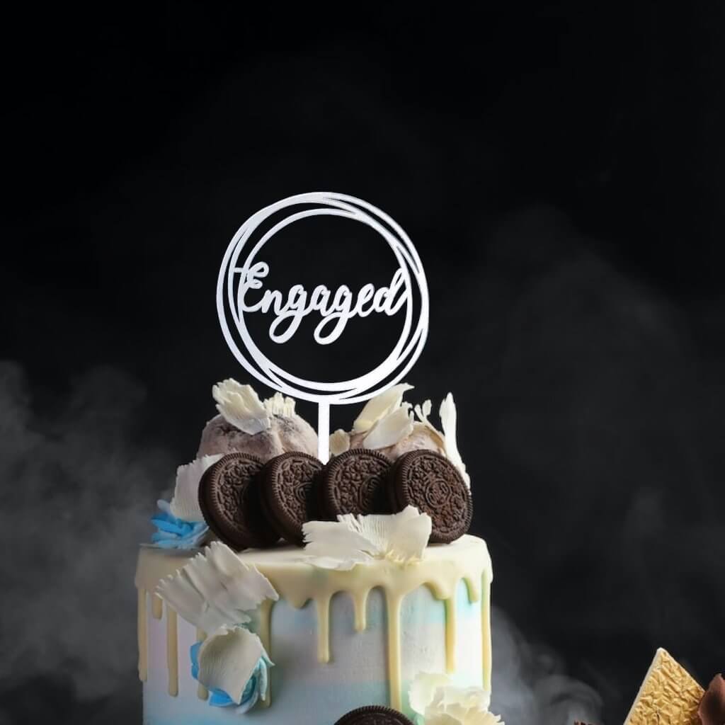 Silver Mirror Acrylic 'Engaged' Geometric Round Cake Topper