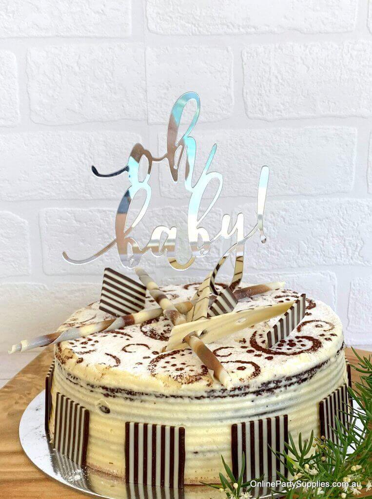 Silver Mirror Acrylic 'oh baby!'  Laser Cut Script Neutral Baby Shower Cake Topper