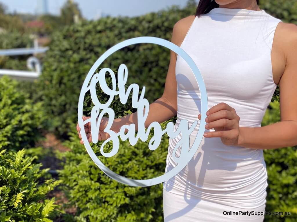Online Party Supplies Australia 40cm acrylic silver mirror Oh Baby hoop Gender Reveal Hanging Wall Sign - Baby Shower Centrepiece Decorations