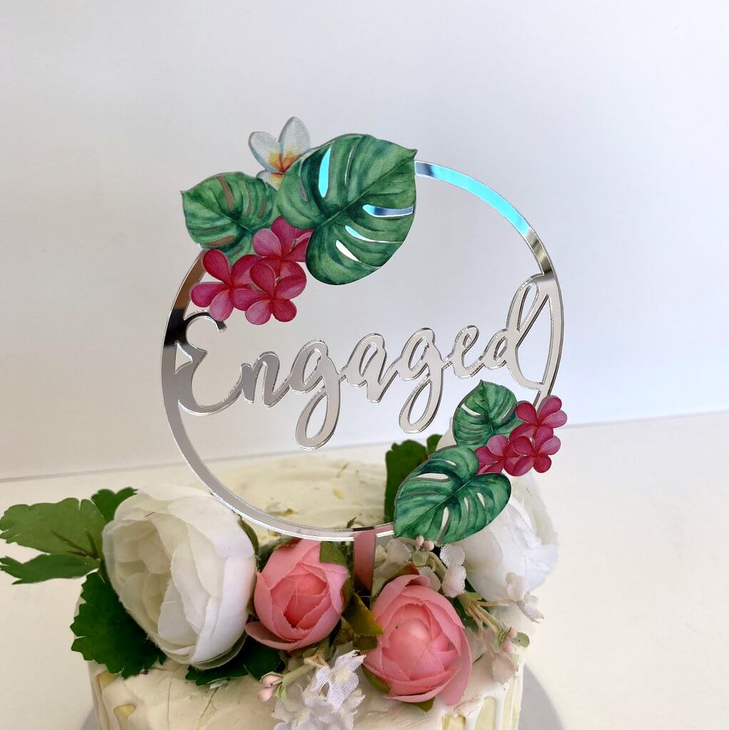 Acrylic Silver Mirror Tropical Floral 'Engaged' Loop Cake Topper