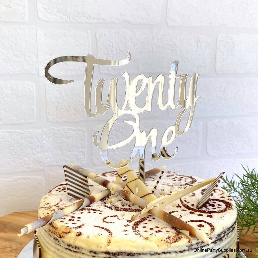 Acrylic Silver Mirror 'Twenty One' Cake Topper - 21st Birthday Party Cake Decorations