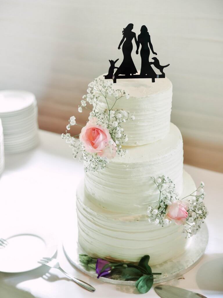 Silhouette Two Brides with Cat Dog Black Wedding Cake Topper Party