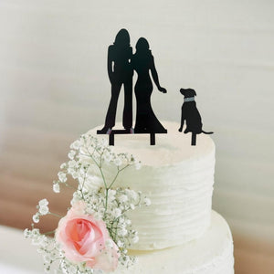 Acrylic Silhouette Two Brides Holding Hand & A Dog Black Cake Topper