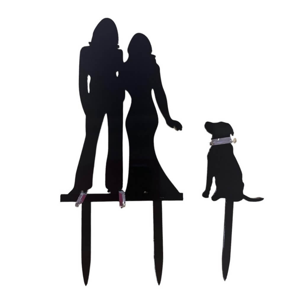Acrylic Silhouette Two Brides Holding Hand & A Dog Black Cake Topper