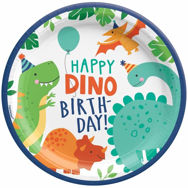 Amscan Dino-mite Party Dinosaur Happy Dino Birthday Round Paper Plate 23cm 8 Pack