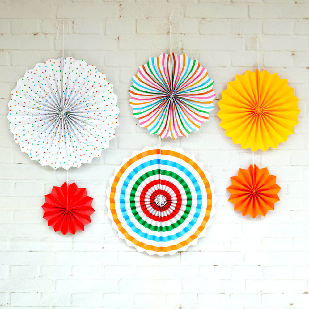 Multicoloured Hanging Paper Fan Decorations (Set of 6)