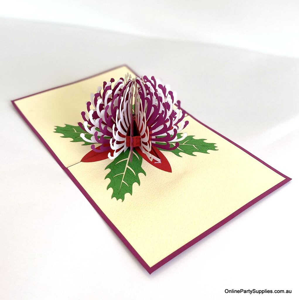 Online Party Supplies Australian Native Flower Purple White Waratah Pop Up Greeting Birthday Mother's Day Card