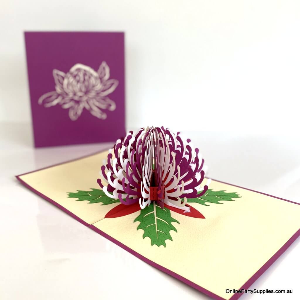 Online Party Supplies Australian Native Flower Purple White Waratah Pop Up Greeting Birthday Mother's Day Card