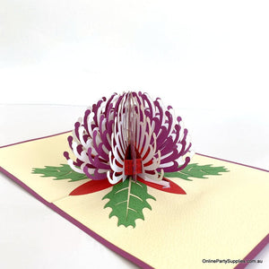 Online Party Supplies Australian Native Flower Purple White Waratah Pop Up Greeting Birthday Mother's Day Card