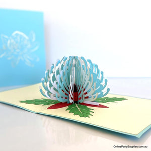 Handmade Australian Native Australian Native flora White blue Waratah flower Pop Up Greeting Card