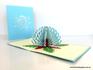 Handmade Australian Native Australian Native flora White blue Waratah flower Pop Up Birthday Card
