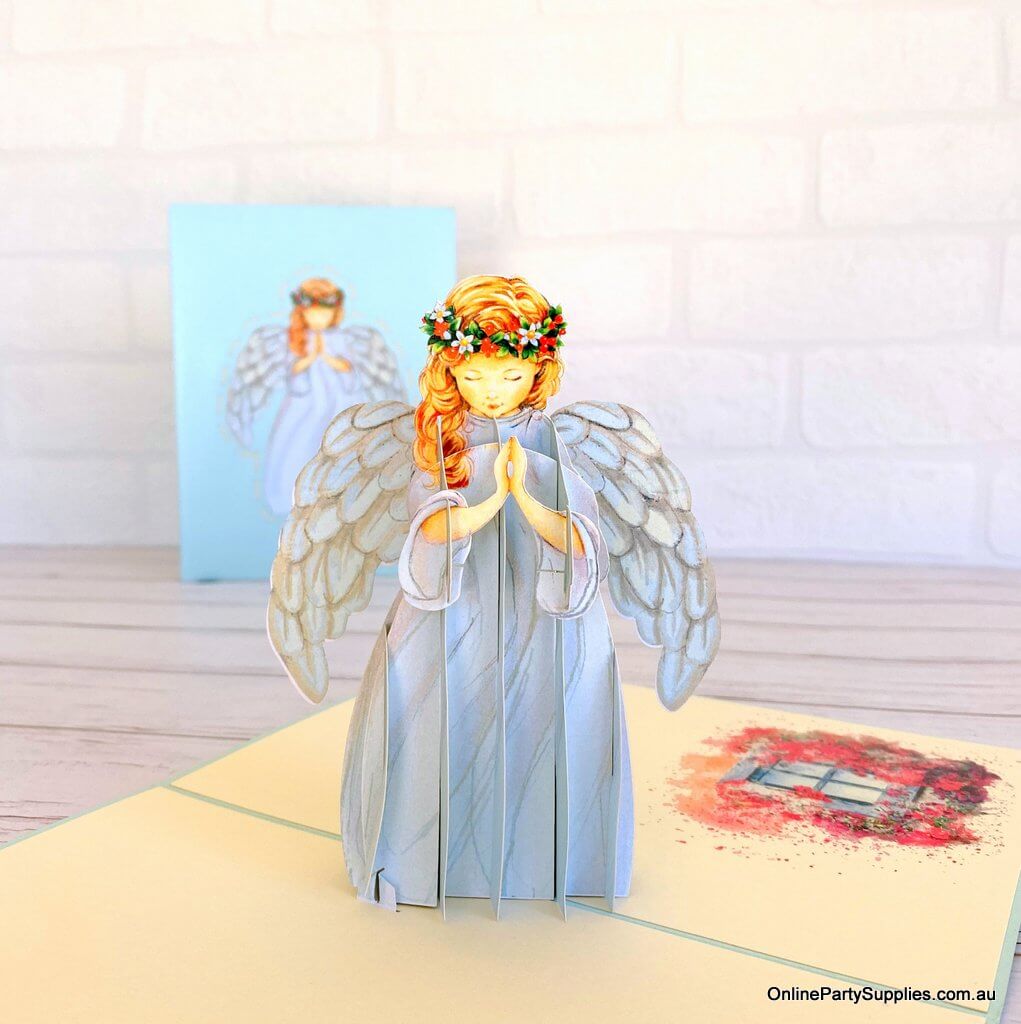 Handmade Praying Guardian Angel  3D Pop Up Christmas Card - Baby Blue