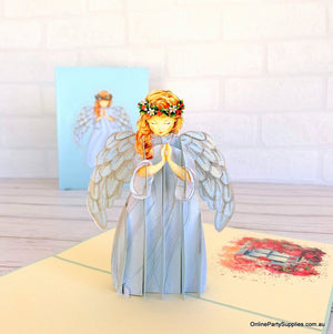 Handmade Praying Guardian Angel  3D Pop Up Christmas Card - Baby Blue