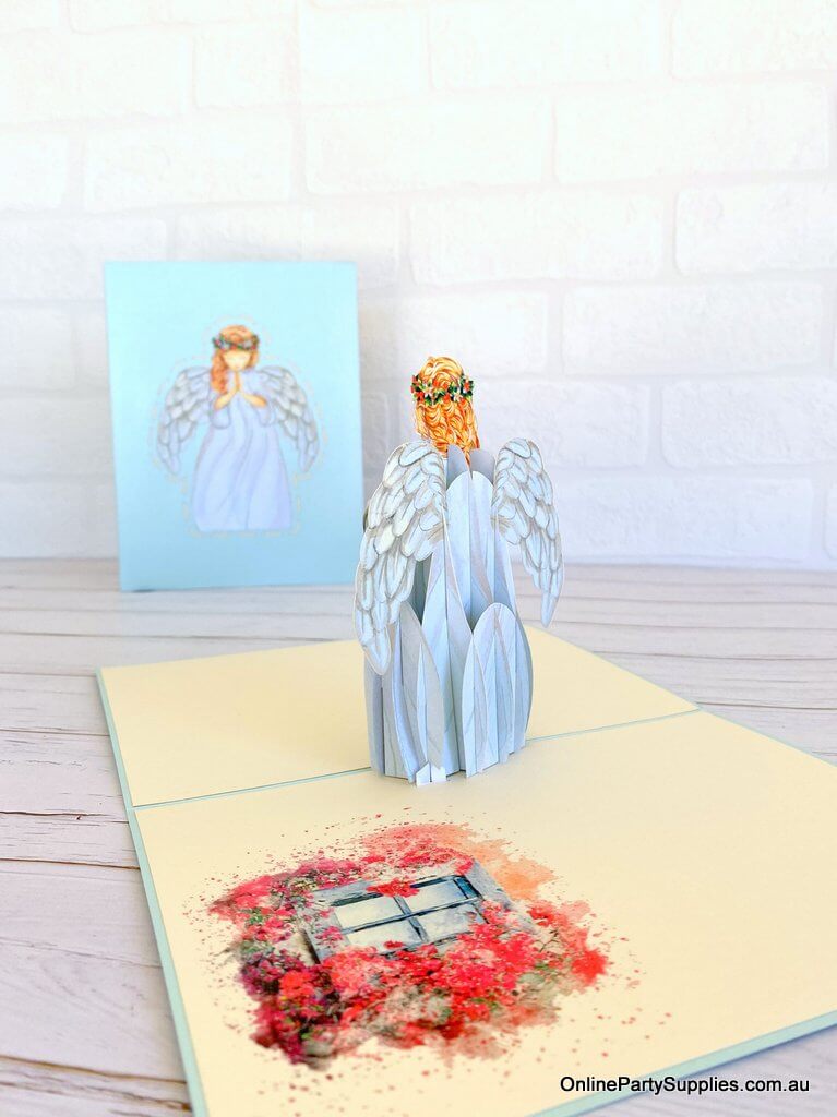 Handmade Praying Guardian Angel Pop Up Christmas Card - Baby Blue