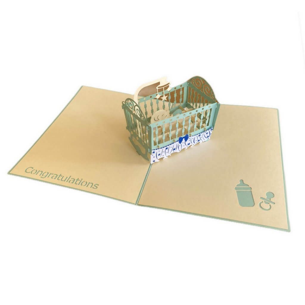 Handmade Online Party Supplies Blue Cot Baby Shower Pop Up Card