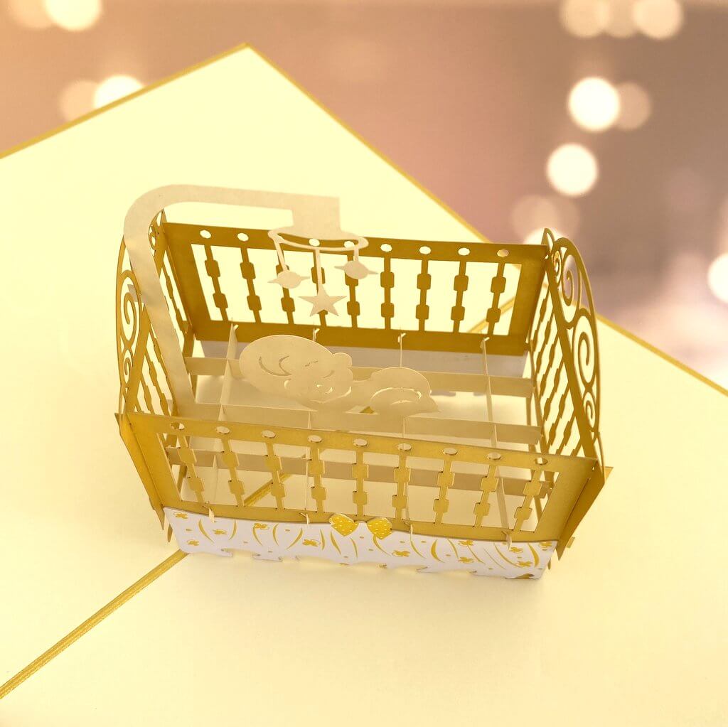 Handmade Baby Sleeping in Gold Cot 3D Pop Up Greeting Card - Neutral Baby Shower Pop Up Cards