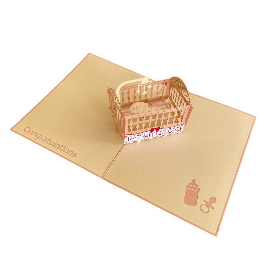 Handmade Pink Cot 3D Pop Up Greeting Card - It's a Girl Baby Shower Pop Up Cards