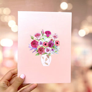 Handmade Baby Pink Rose Bouquet in Vase 3D Pop Up Card