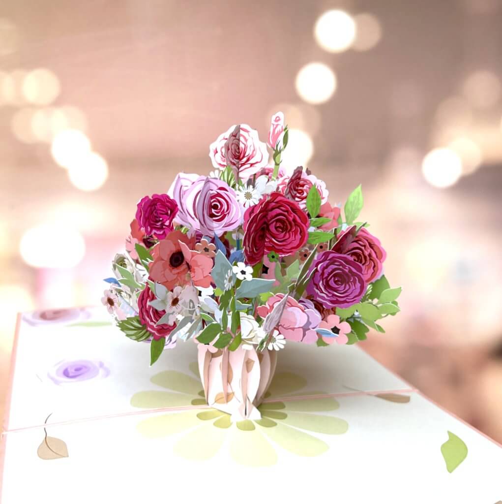 Handmade Baby Pink Rose Bouquet in Vase 3D Pop Up Card