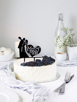 Silhouette Wedding Couple Hugging Mr & Mrs Heart Shaped Cake Topper