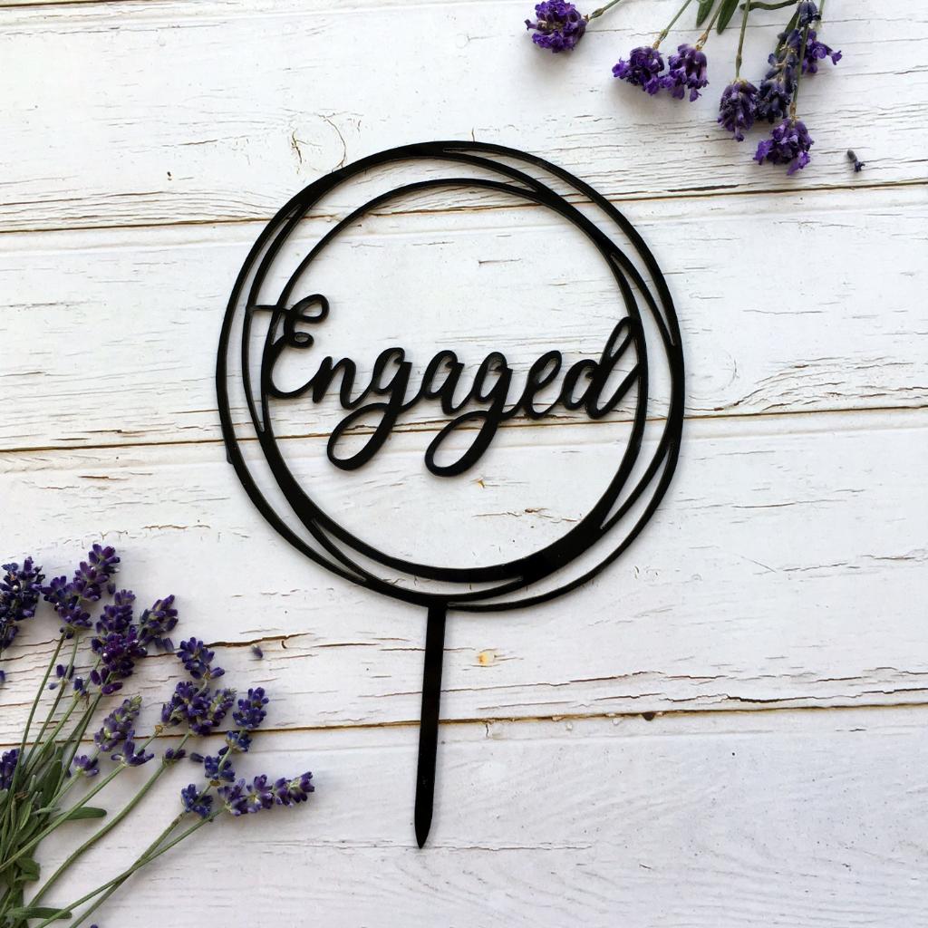 Black Acrylic 'Engaged' Geometric Round Cake Topper - Online Party Supplies