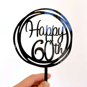 Acrylic Black Geometric Circle Happy 60th Cake Topper