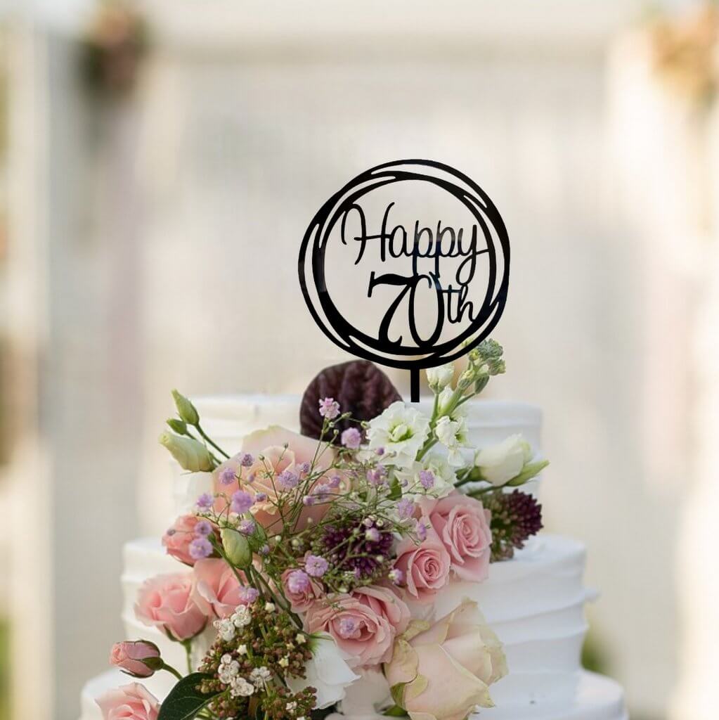 Acrylic Black Geometric 'Happy 70th' Cake Topper - 70th Birthday Party, Wedding Anniversary Cake Decorations