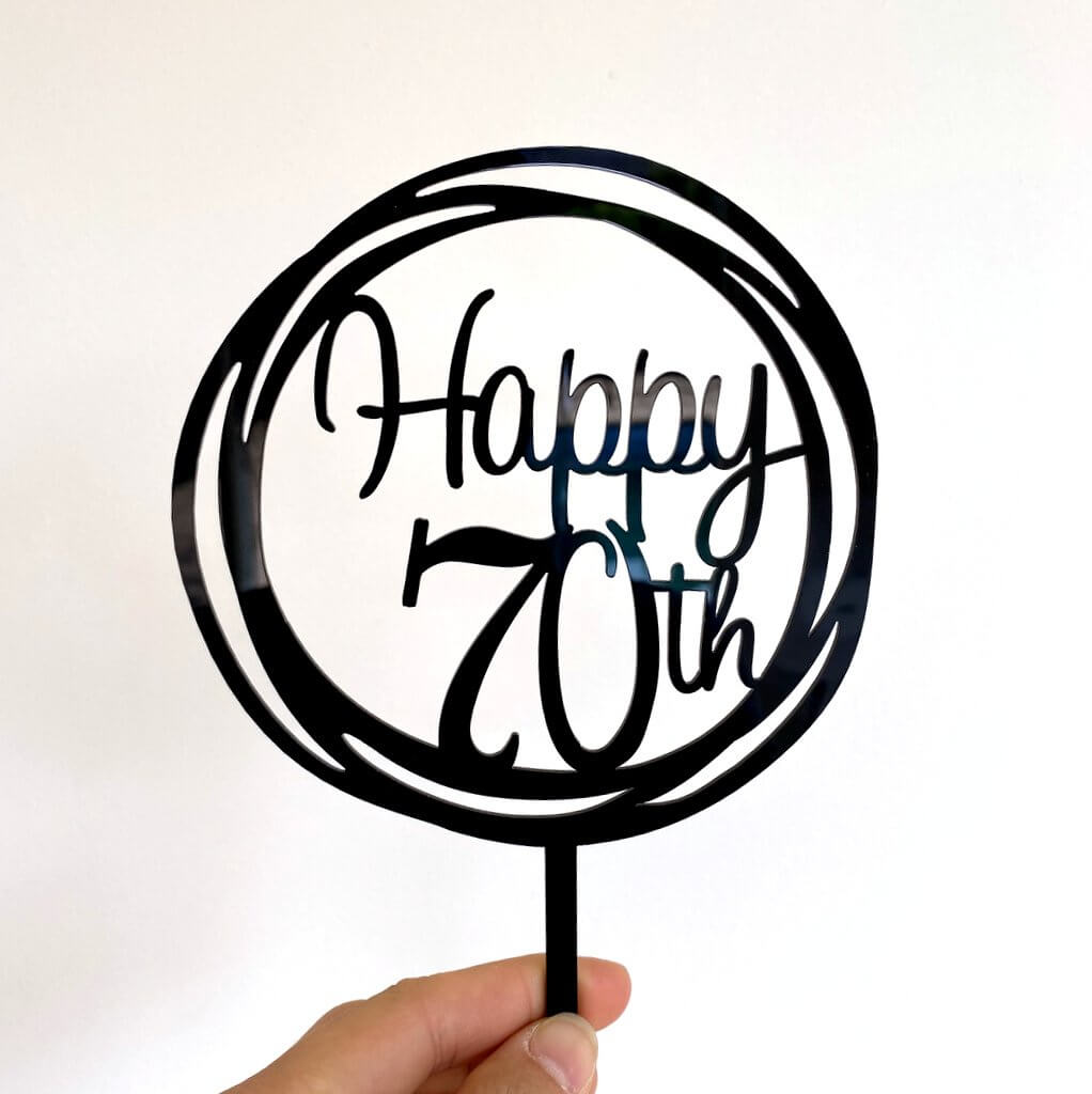 Acrylic Black Geometric 'Happy 70th' Cake Topper - 70th Birthday Party, Wedding Anniversary Cake Decorations