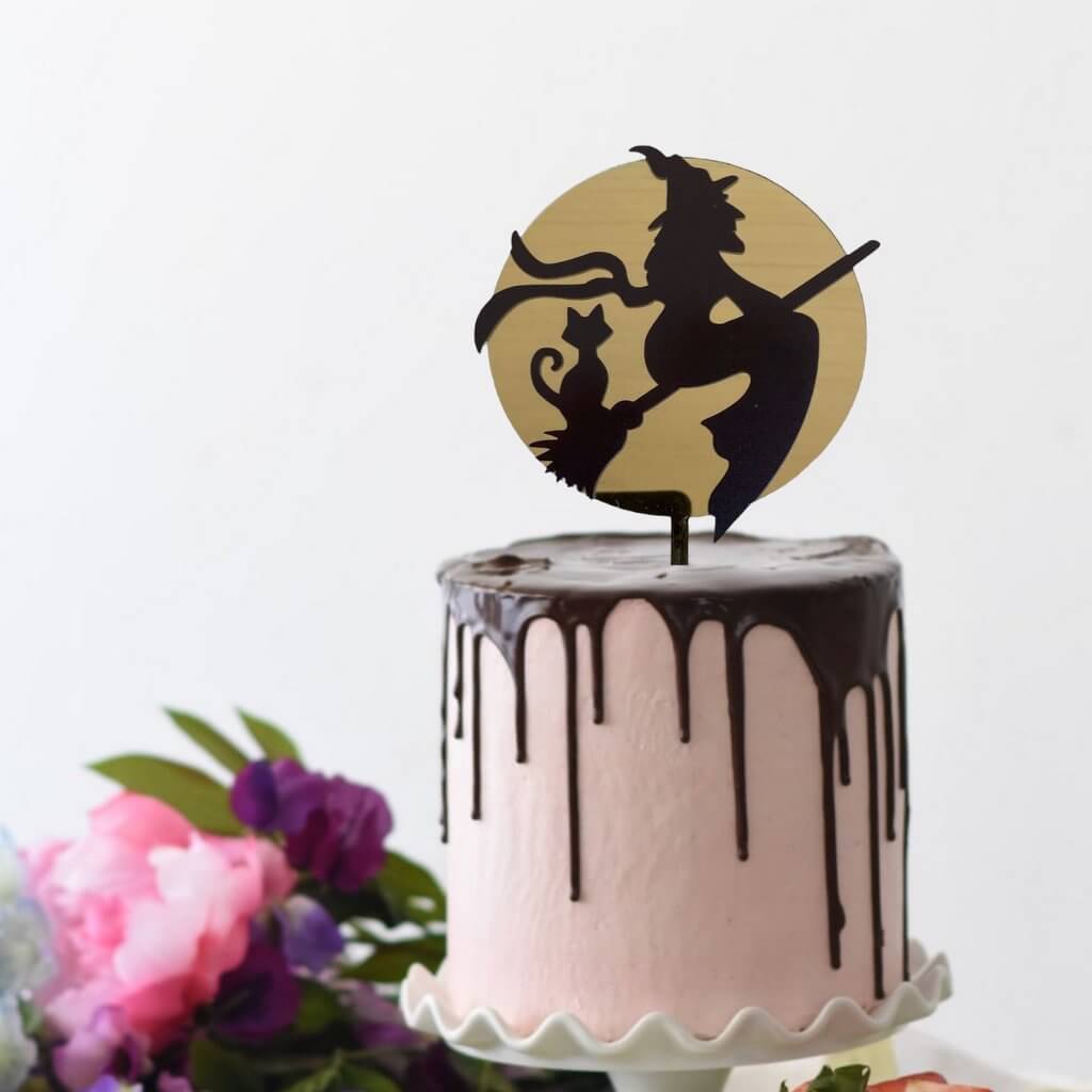 Acrylic Black Flying Witch Over the Moon with Cat Cake Topper