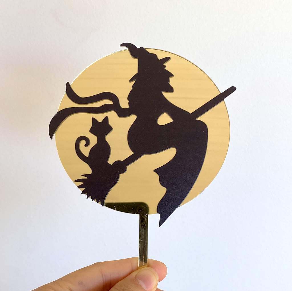 Acrylic Black Flying Witch Over the Moon with Cat Cake Topper