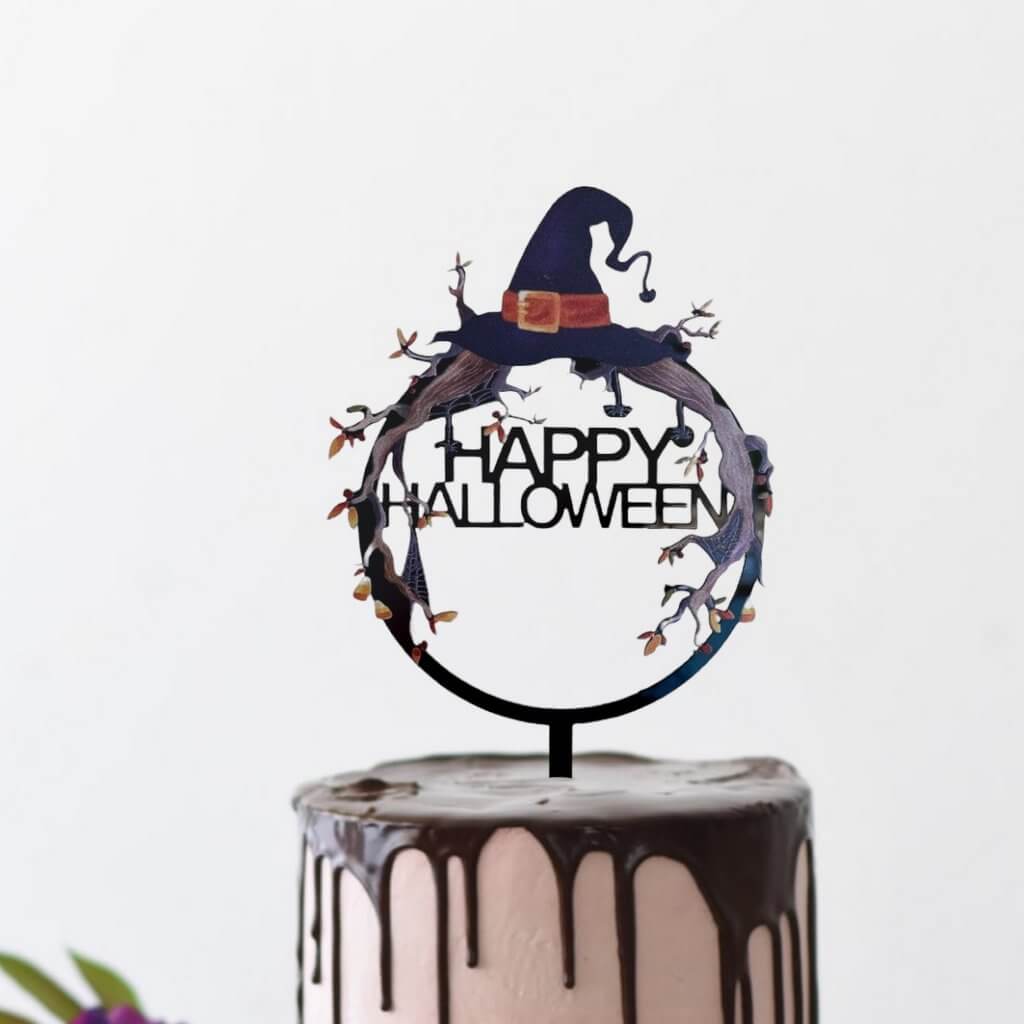 Acrylic Black Happy Halloween Witch Hat Cake Topper