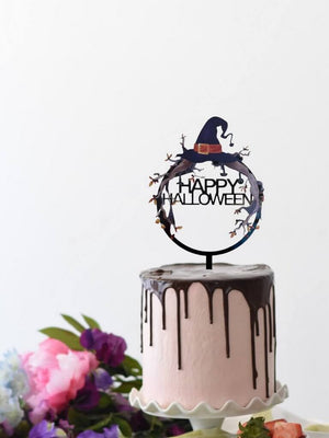 Acrylic Black Happy Halloween Witch Hat Cake Topper