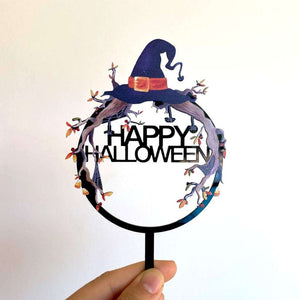 Acrylic Black Happy Halloween Witch Hat Cake Topper