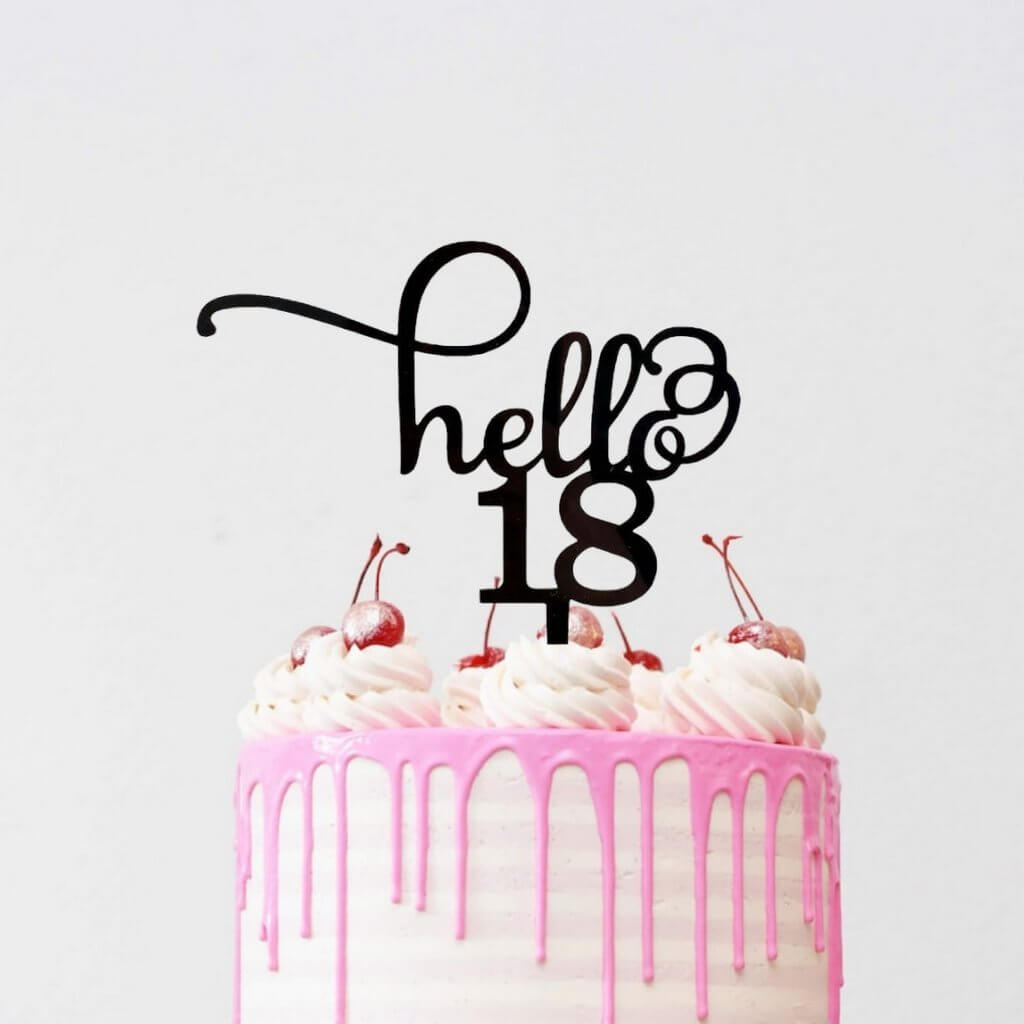 Black Acrylic Hello 18 Birthday Cake Topper 18th eighteenth birthday party cake decorating supplies