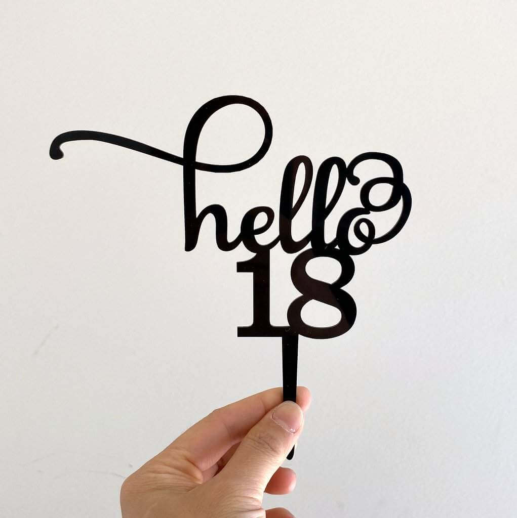 Black Acrylic Hello 18 Birthday Cake Topper 18th eighteenth birthday party cake decorating supplies