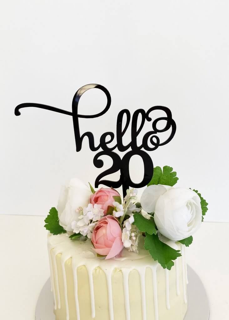 Black Acrylic Hello 20 Birthday Cake Topper