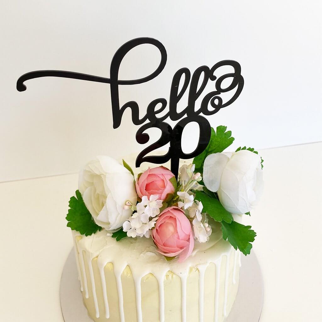 Black Acrylic Hello 20 Birthday Cake Topper