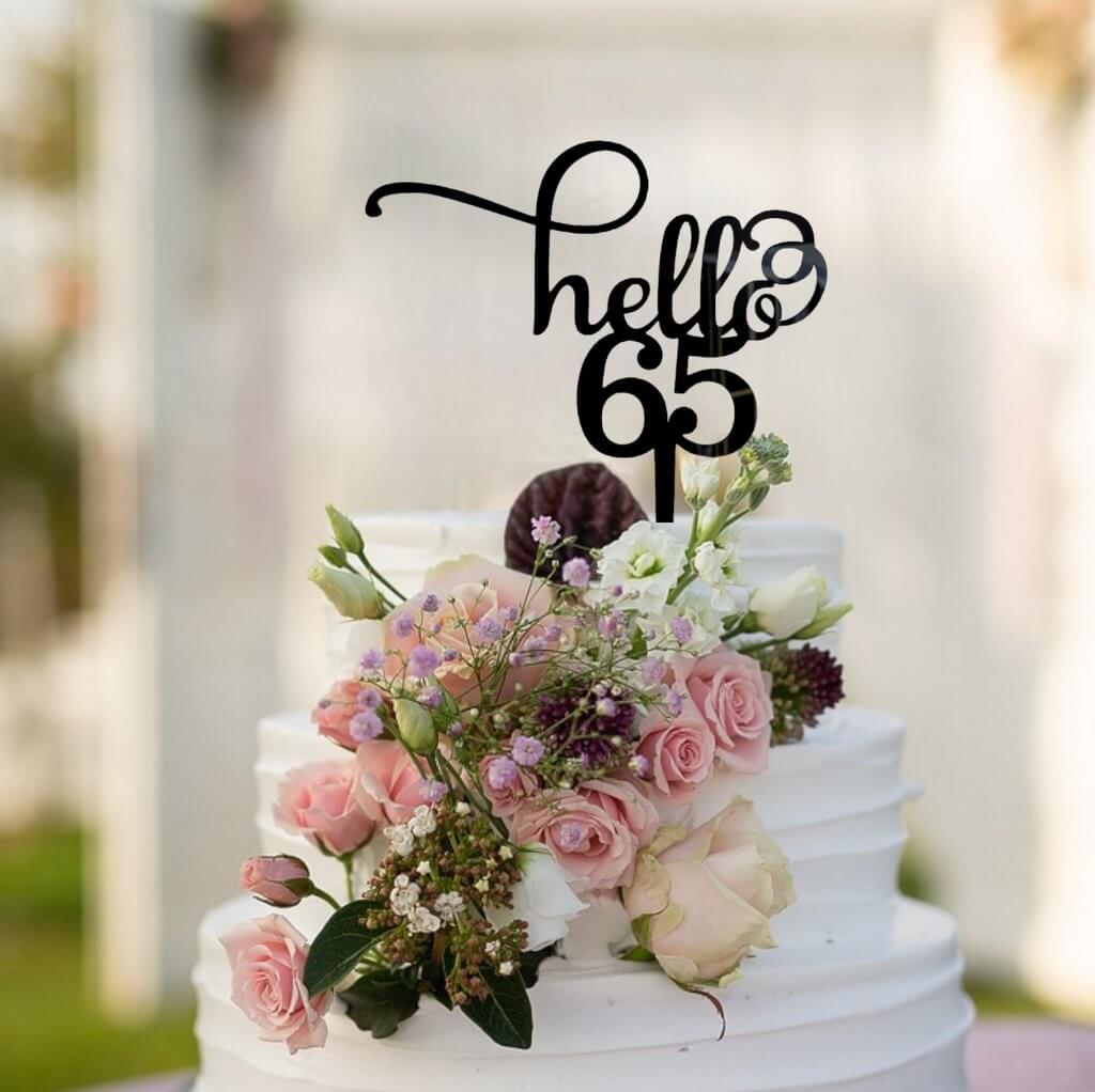 Black Acrylic Hello 65 Birthday Cake Topper