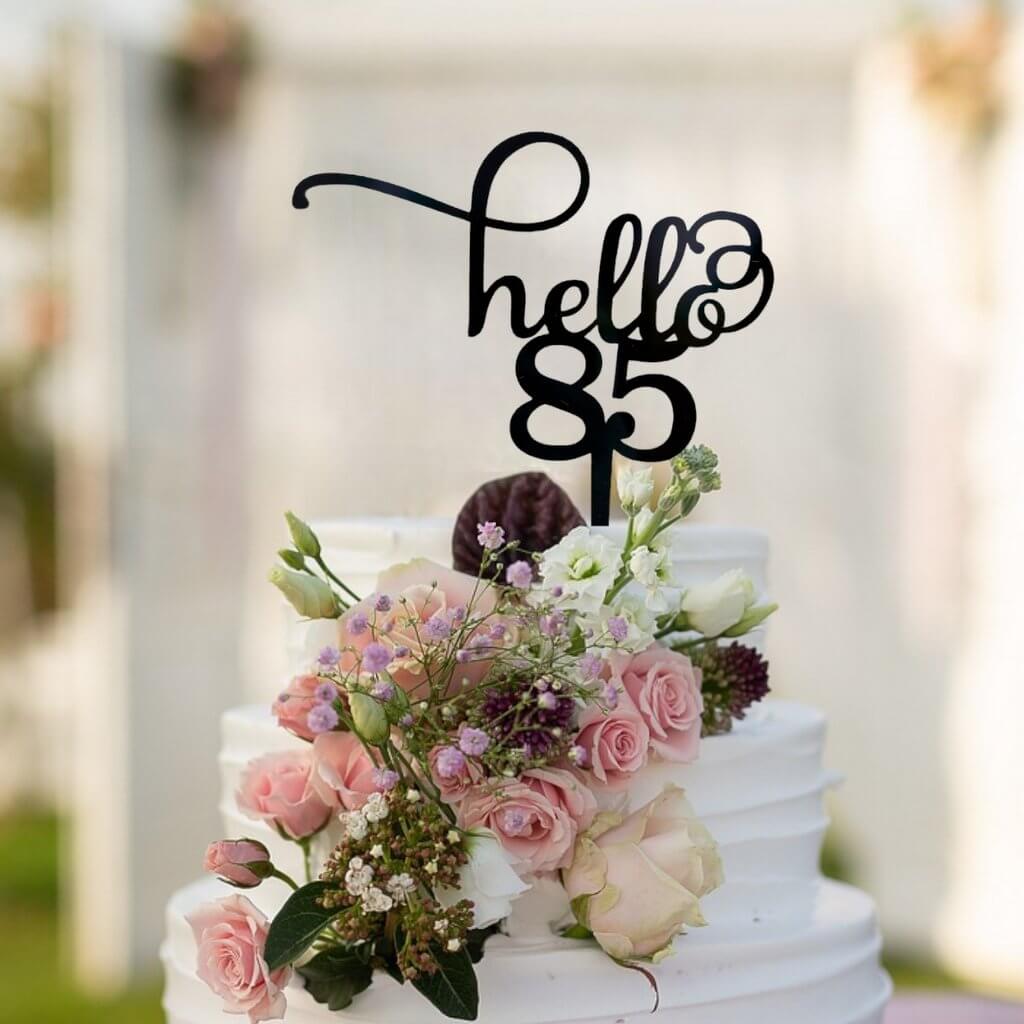 black acrylic hello 85 happy birthday cake topper