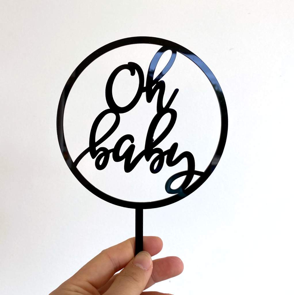 Black Acrylic Oh Baby Loop Cake Topper - Baby Shower, Gender Reveal Laser Cut Script Cake Topper