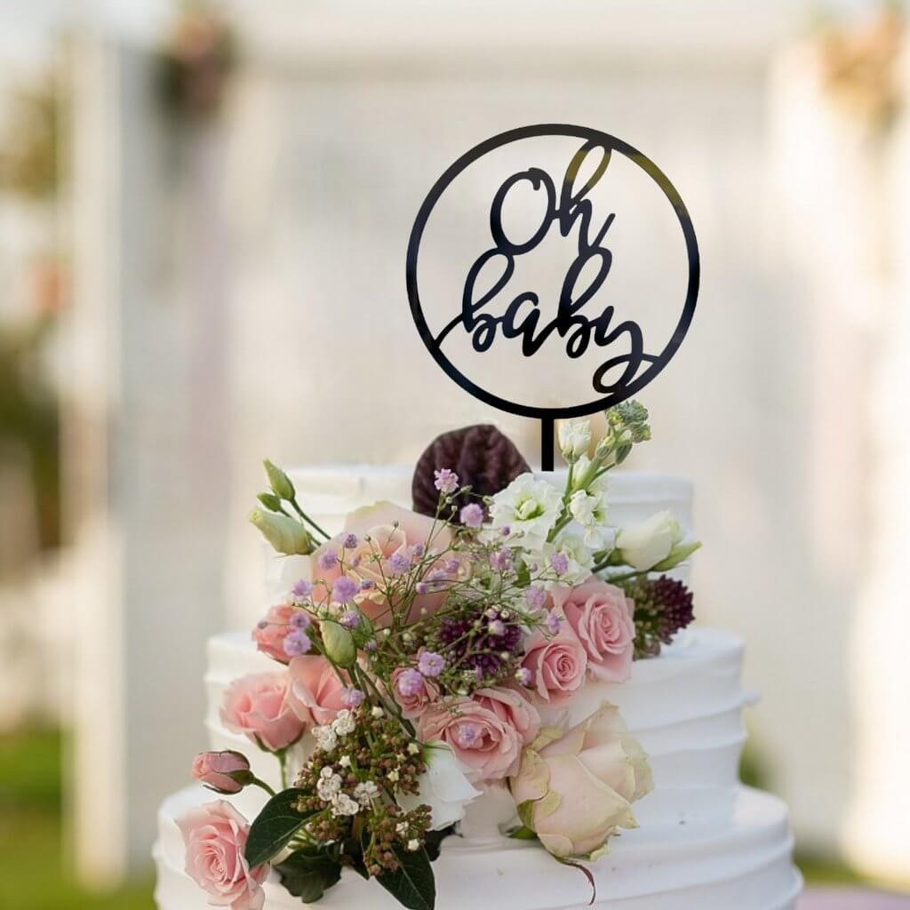 Black Acrylic Oh Baby Loop Cake Topper - Baby Shower, Gender Reveal Laser Cut Script Cake Topper