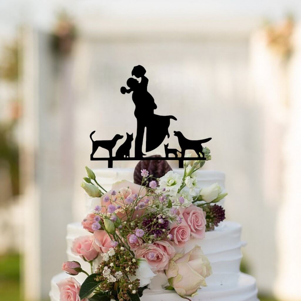 Silhouette Couple with Cats and Dogs Cake Topper