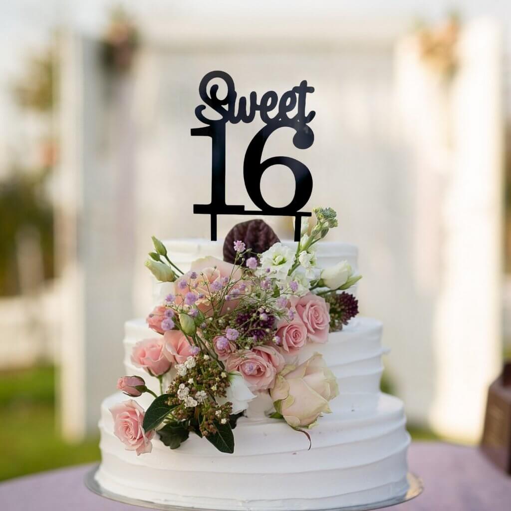 Acrylic Black Sweet 16 Happy sixteenth birthday Cake Topper