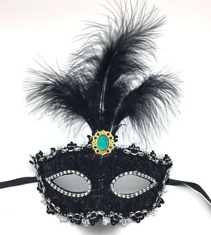 Elegant Tall Feather Lace Masquerade Mask for Women - Black