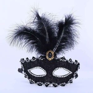 Elegant Tall Feather Lace Masquerade Mask for Women - Black
