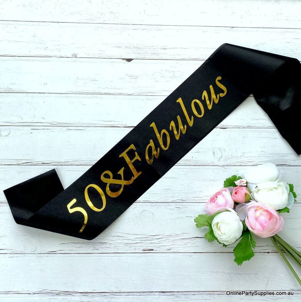 Gold Foil '50 & Fabulous' Black Satin Party Sash - Fiftieth 50th Birthday Party Decorations