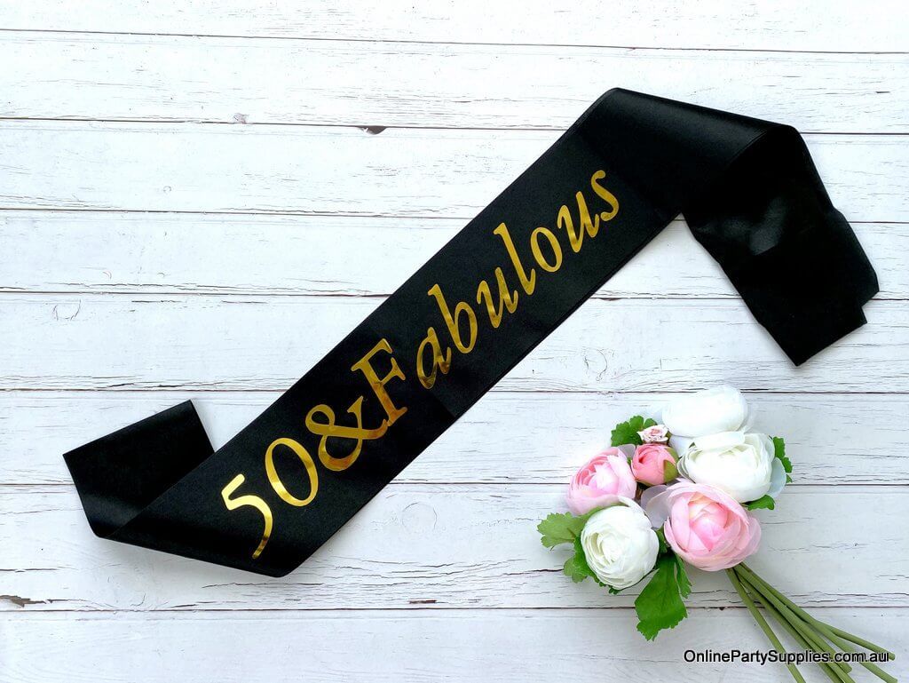 Gold Foil '50 & Fabulous' Black Satin Party Sash - Fiftieth 50th Birthday Party Decorations